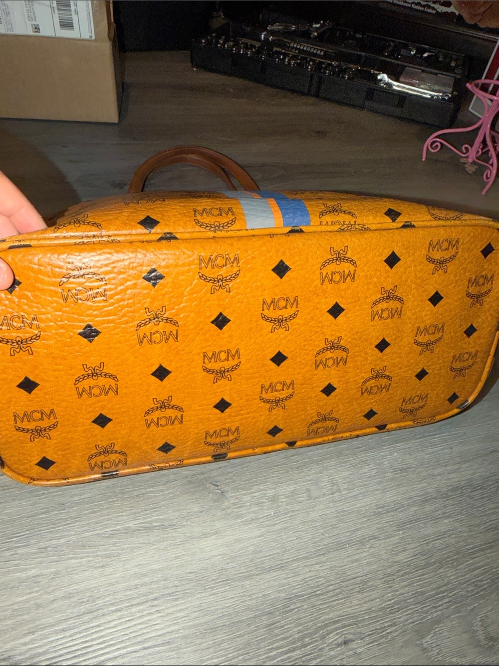 MCM Cognac Visetos Tote with Blue and Gray Center Stripe - Picture 3 of 6